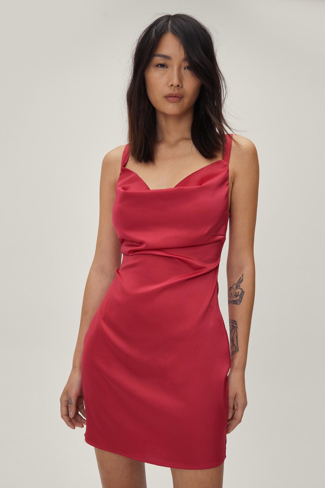Hot pink Cowl Satin Cross Back Slip Dress image number 1