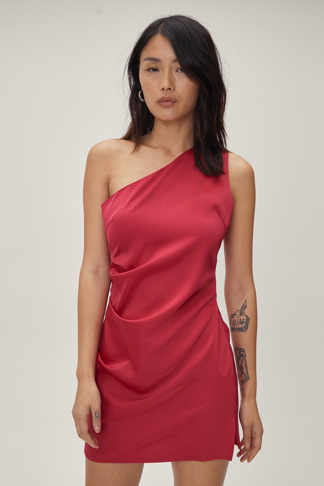 Hot pink Satin One Shoulder Split Hem Mini Dress image number 1