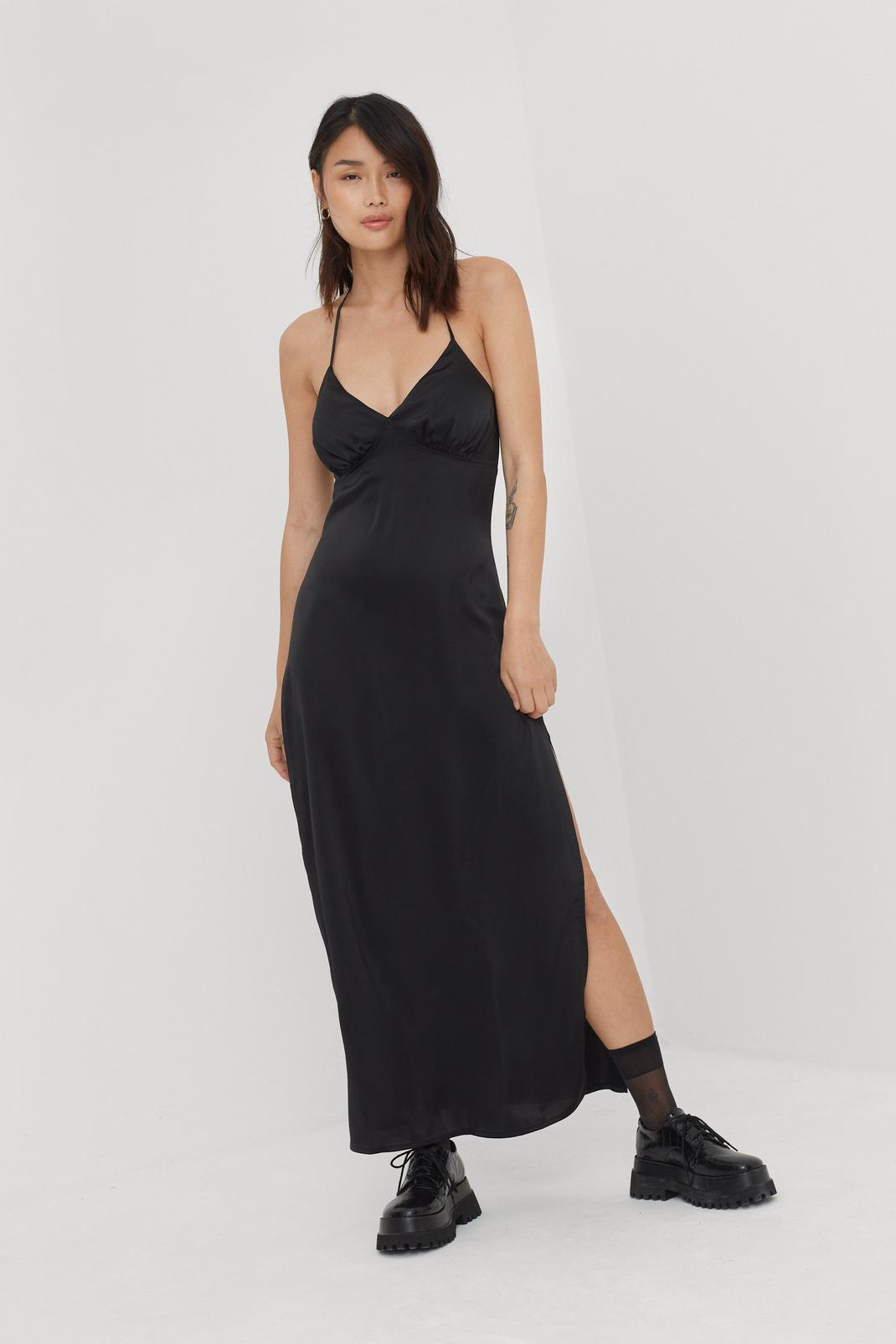 Black Satin Halterneck Split Side Maxi Dress image number 1