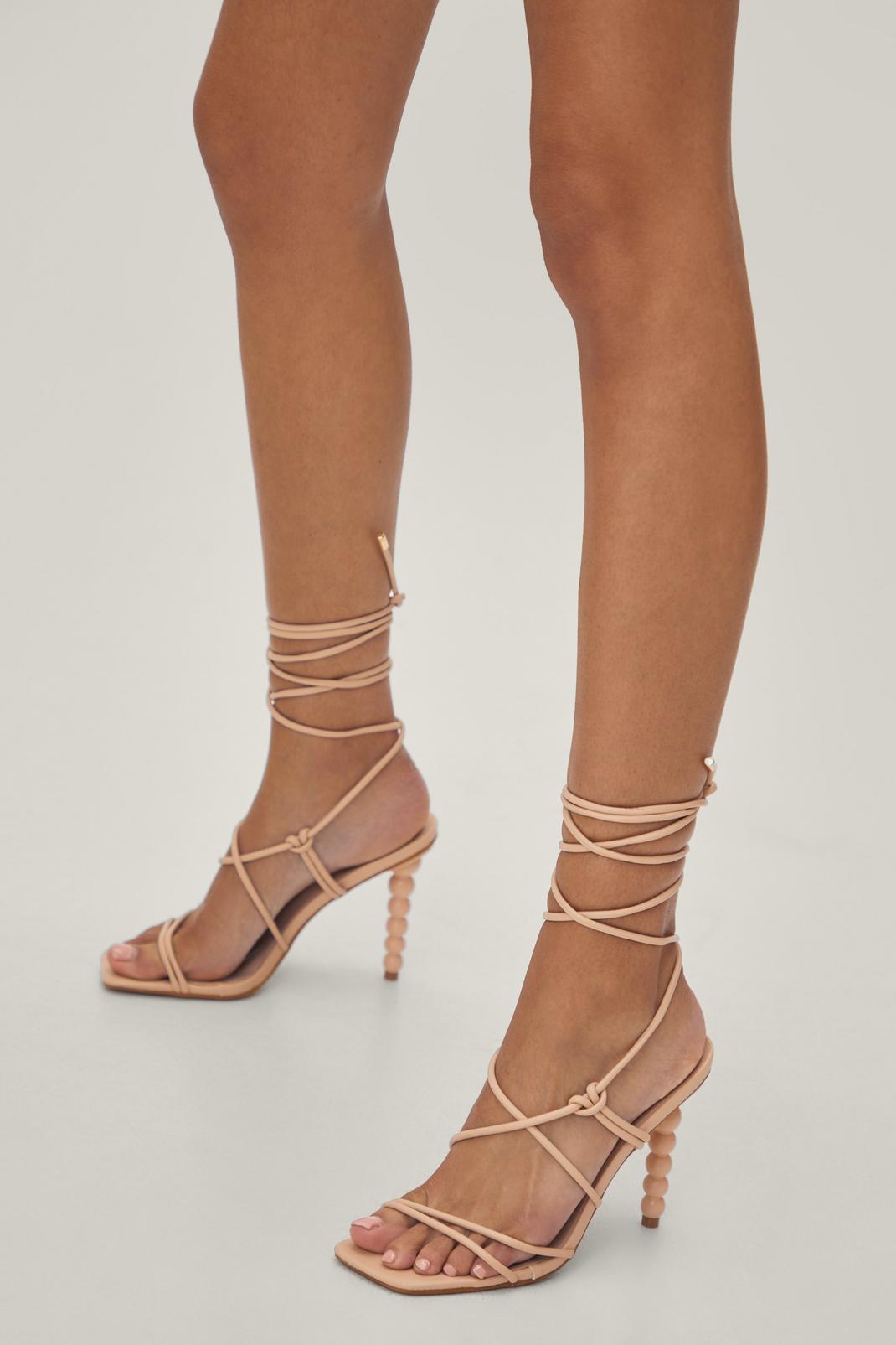 Beige Faux Leather Strappy Cone Heels image number 1