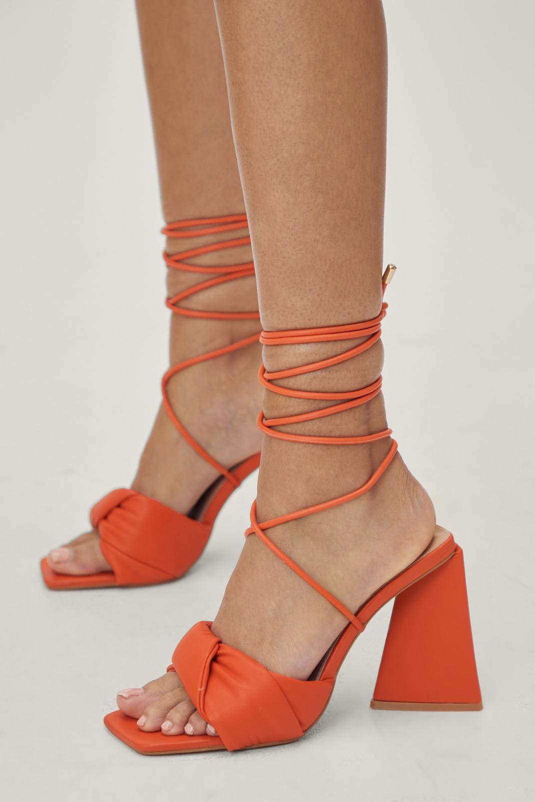 Orange Faux Leather Strappy Flared Heels image number 1