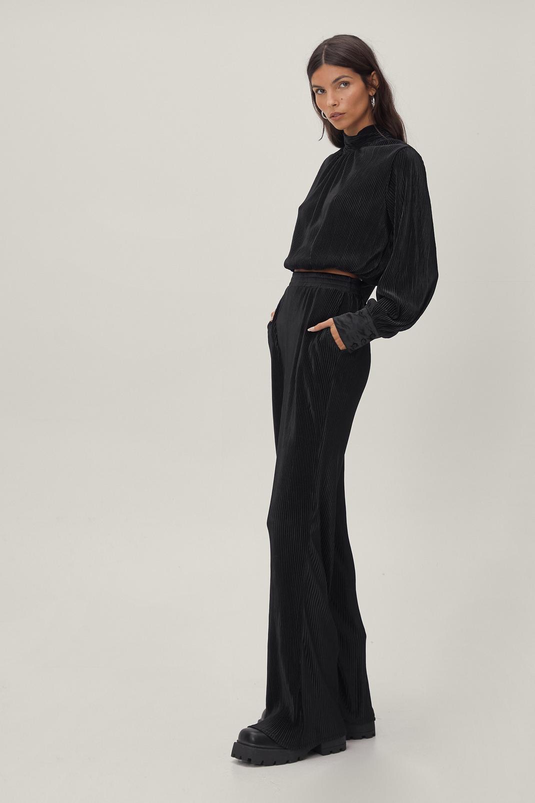 Black Plisse High Waisted Wide Leg Trousers image number 1