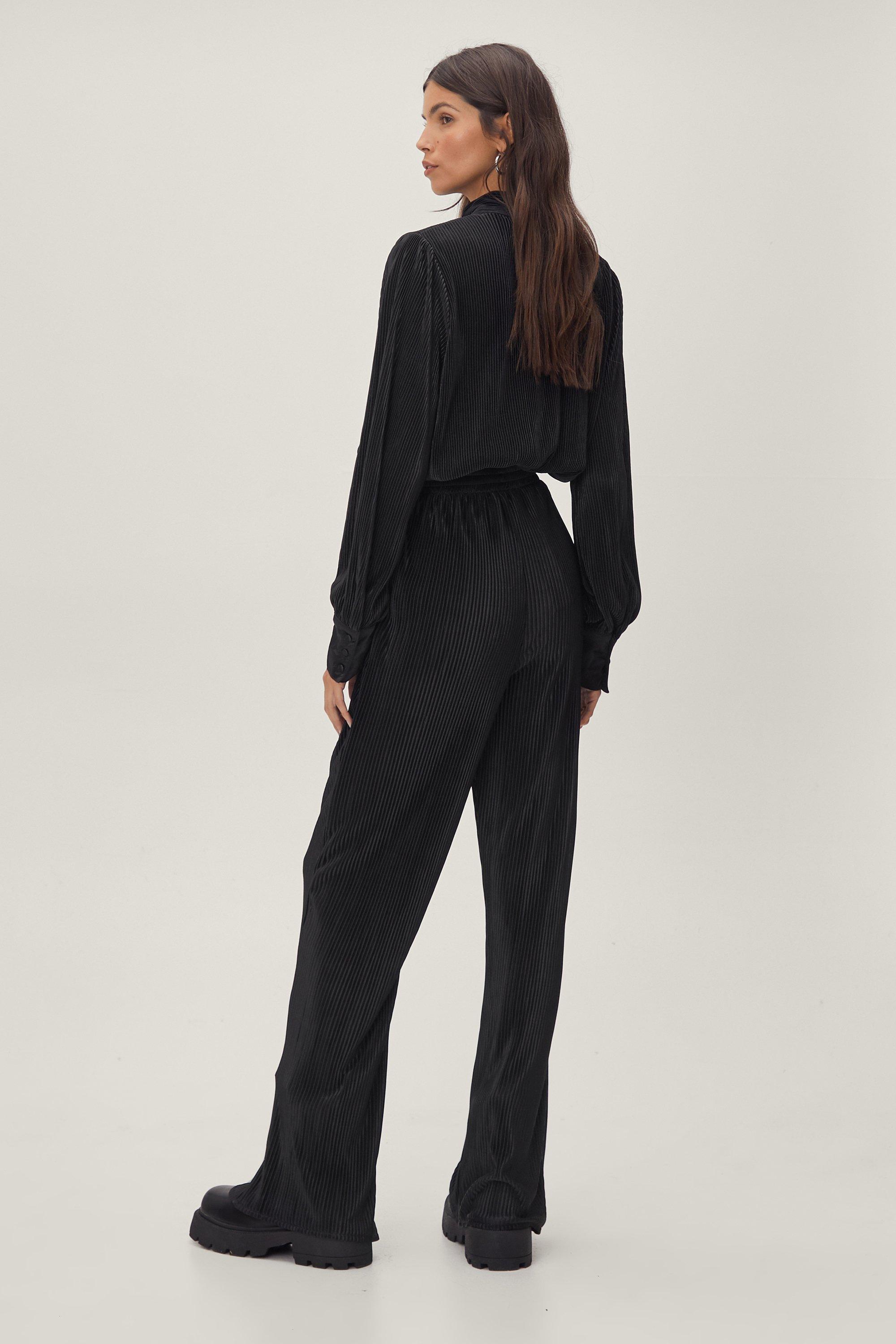 Plisse High Waisted Wide Leg Trousers