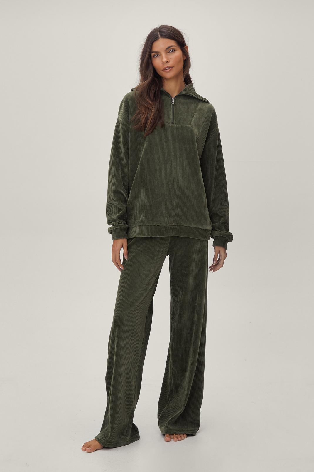 Khaki Velvet Corduroy Zip Through Sweatshirt and Trousers Lounge Set image number 1