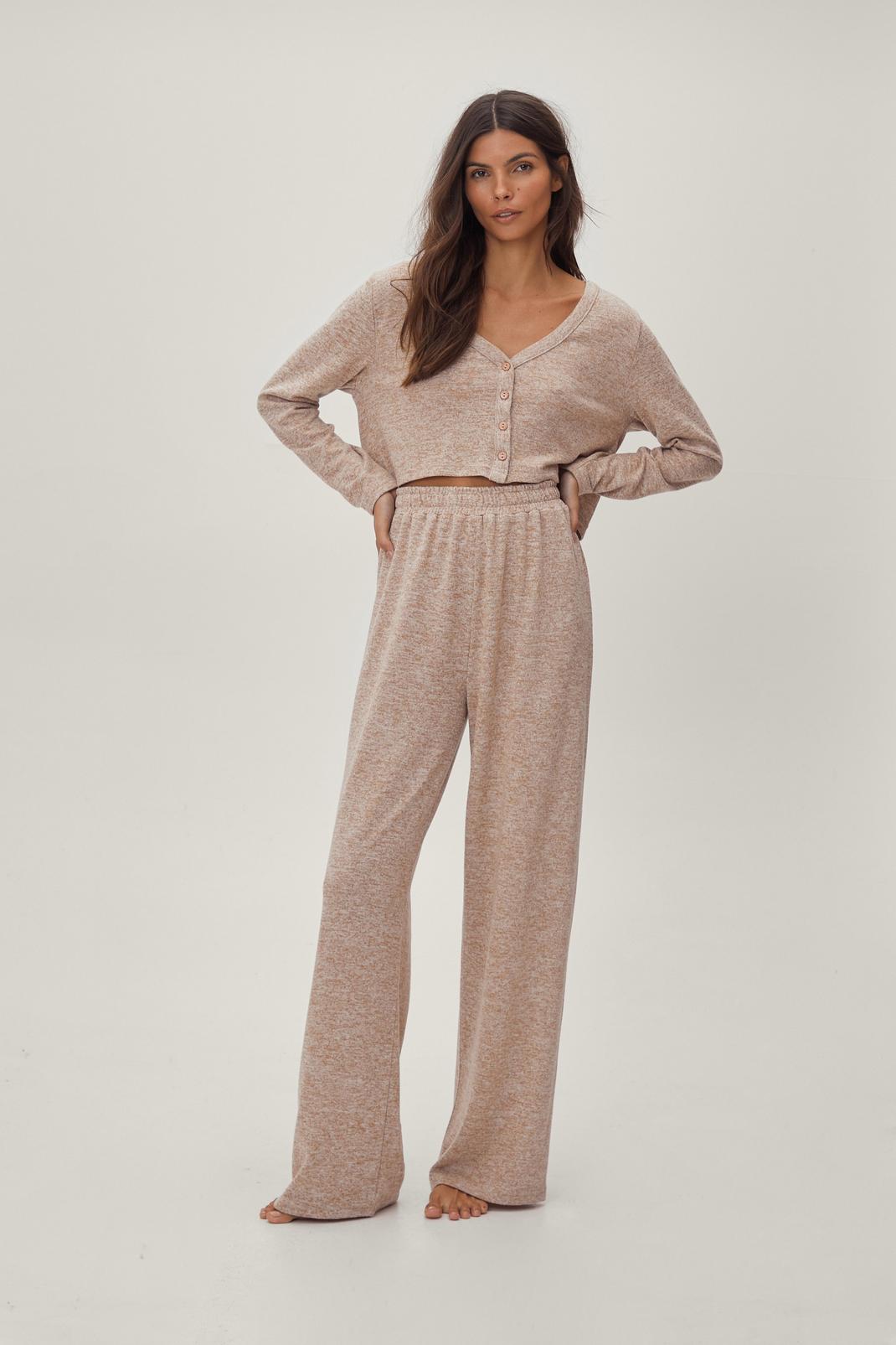 Oatmeal Brushed Marl Cardigan And Trouser Lounge Set image number 1