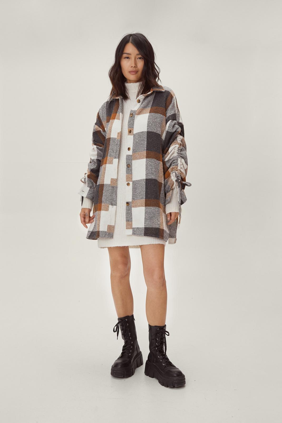 106 Checked Ruched Sleeve Shacket image number 2