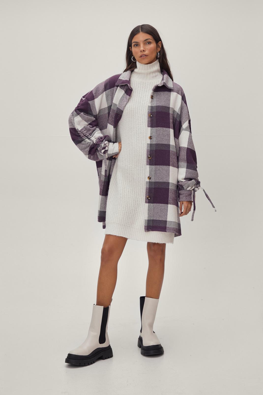Purple Checked Ruched Sleeve Shacket image number 1