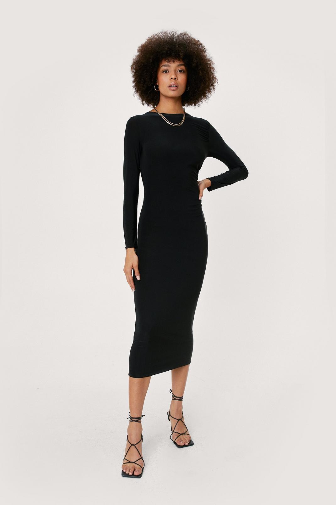 Black Slinky Long Sleeve Midi Dress image number 1