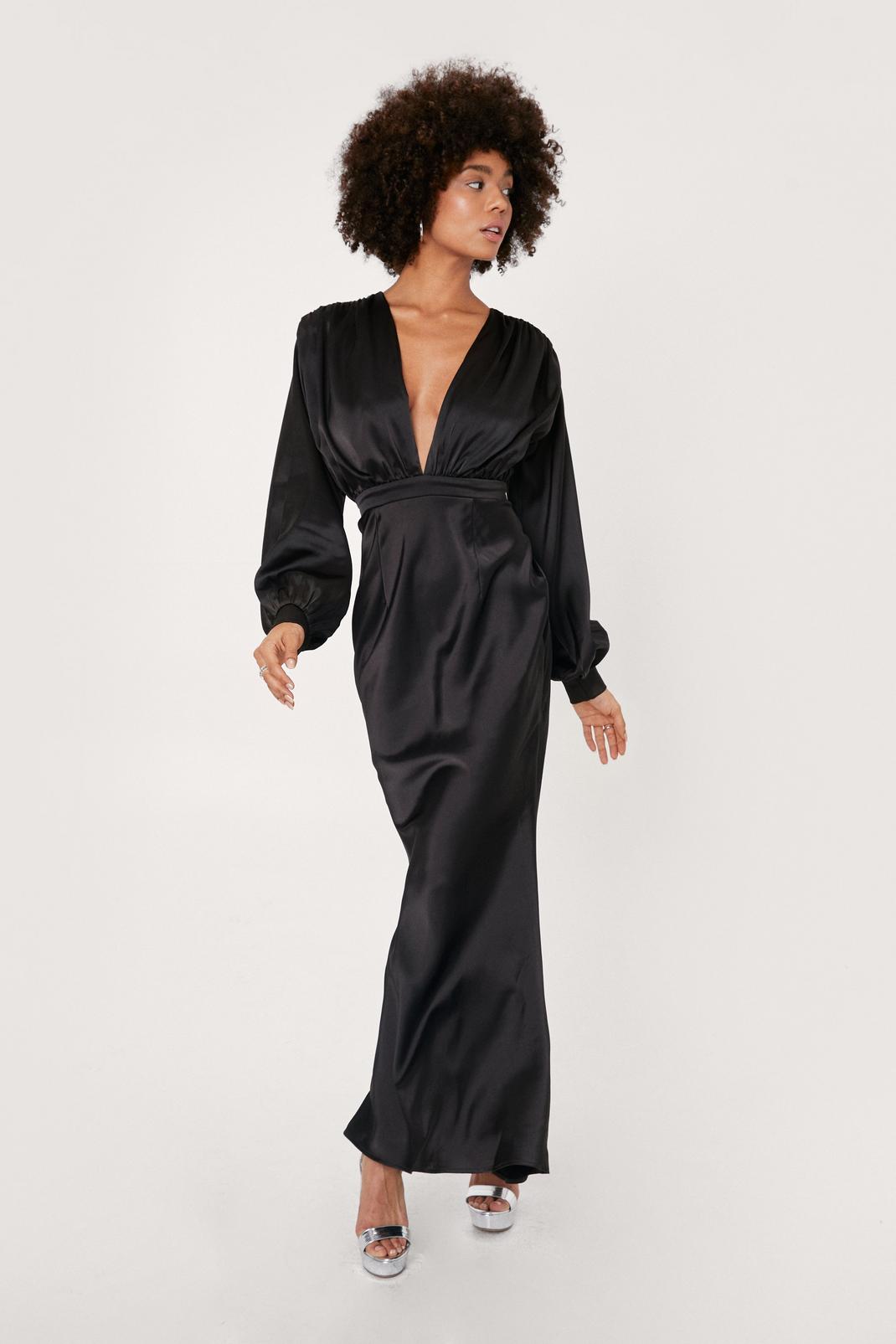 Black Satin Plunge Long Sleeve Maxi Dress image number 1