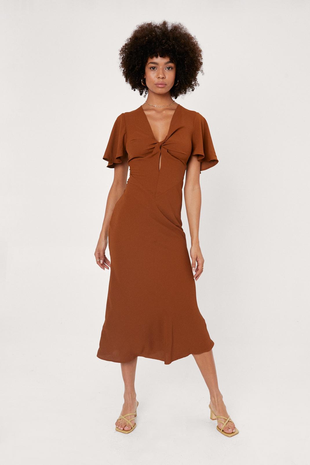 Rust Flare Sleeve Midi Tea Dress image number 1