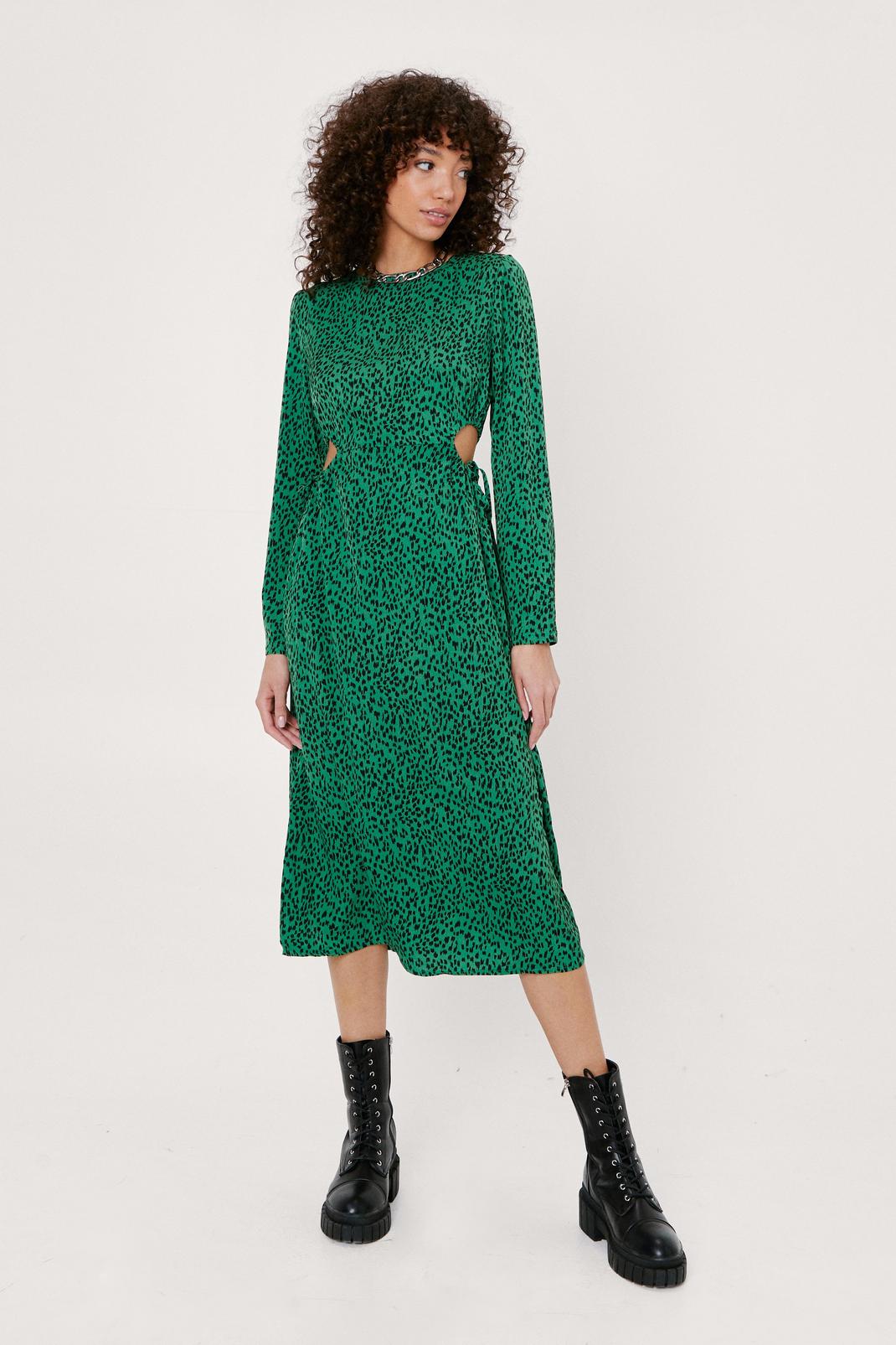 Green Animal Print Cut Out Sides Midi Dress image number 1