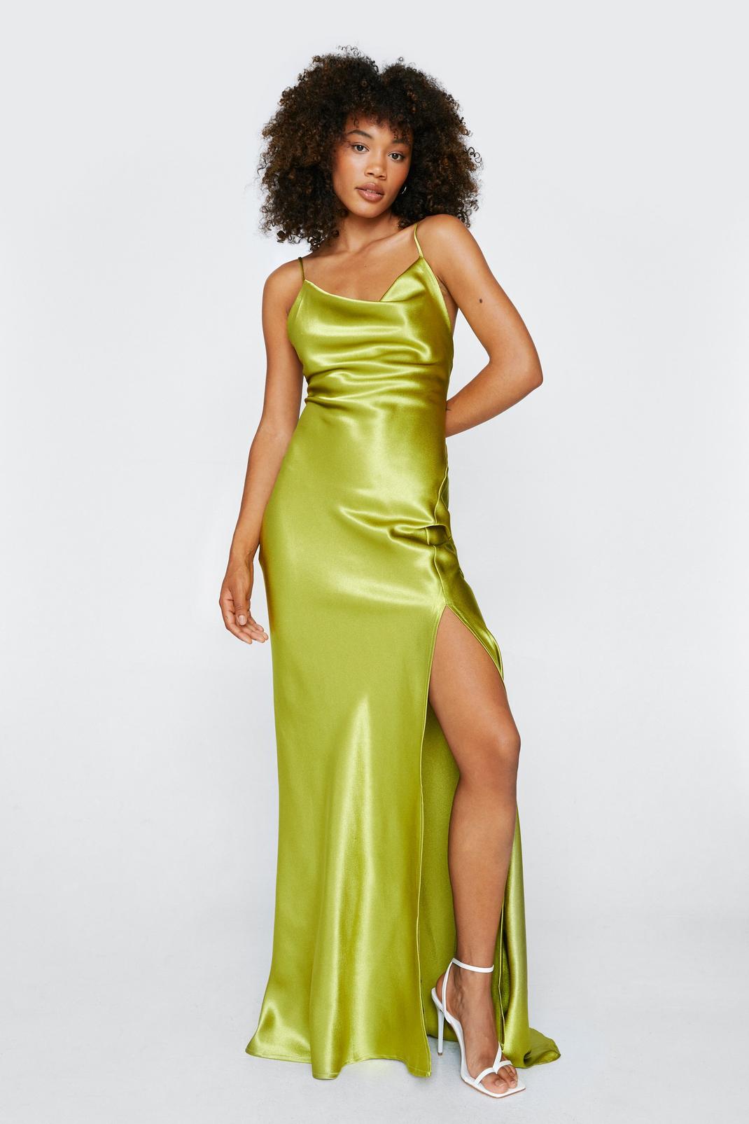 Olive Cowl Neck Satin Maxi Slip Dress image number 1
