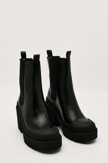Black Faux Leather Block Heeled Chelsea Boots