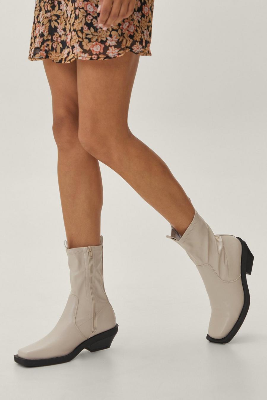 Faux Stretch Leather Cuban Heel Ankle Boot