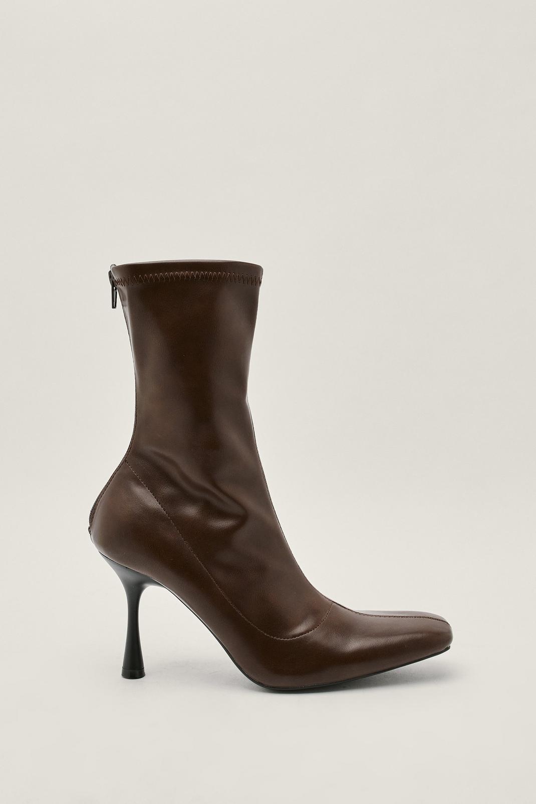 Brown Stretch Faux Leather Stiletto Ankle Boots image number 1