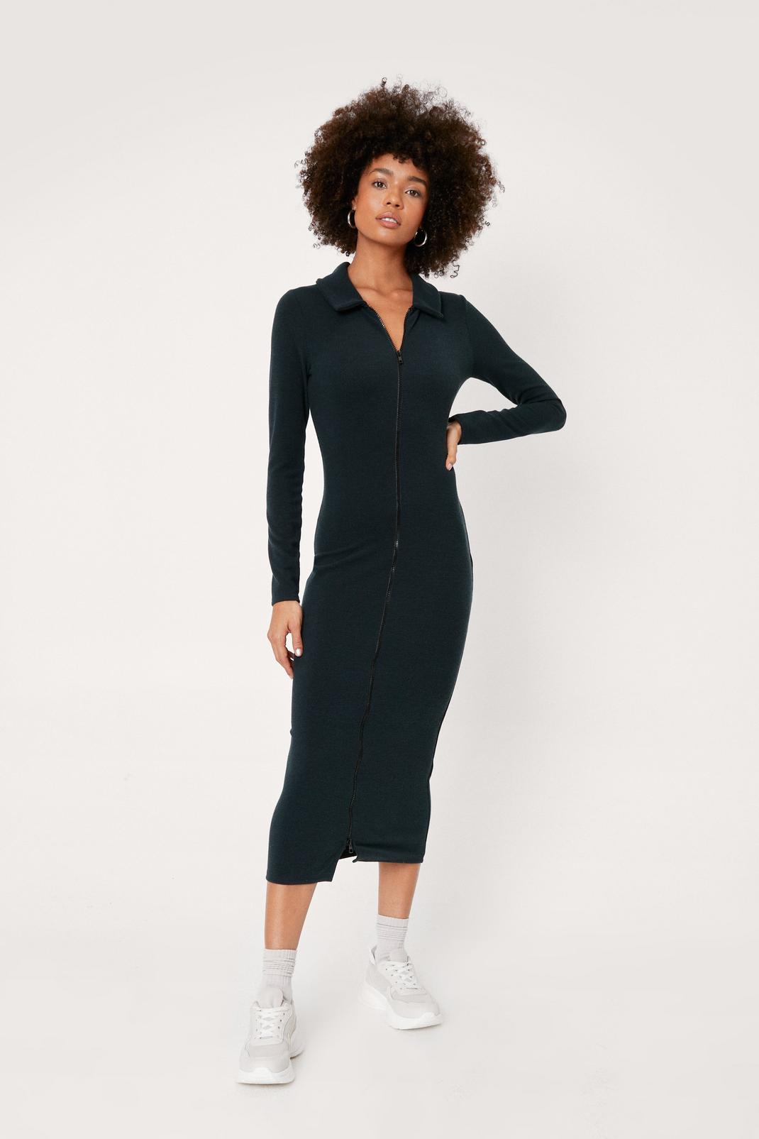Black Recycled Zip Down Split Hem Midi Dress image number 1