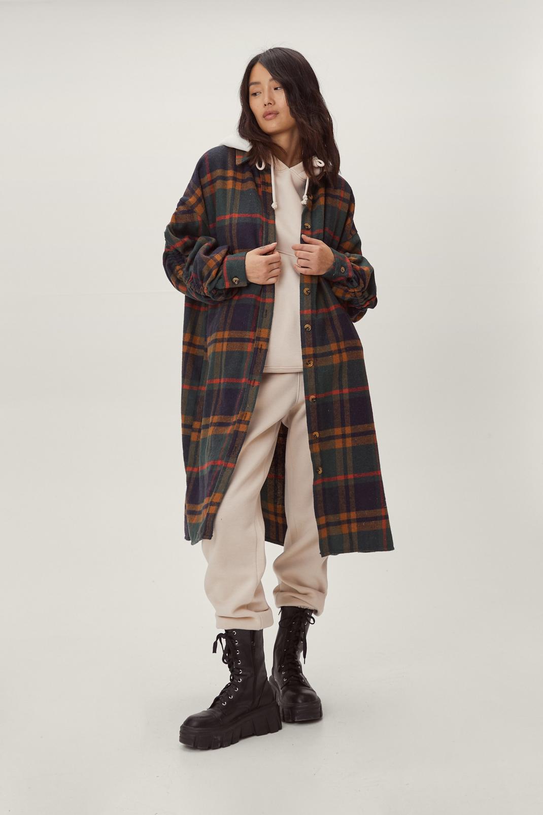 Green Checked Ruched Sleeve Longline Shacket image number 1
