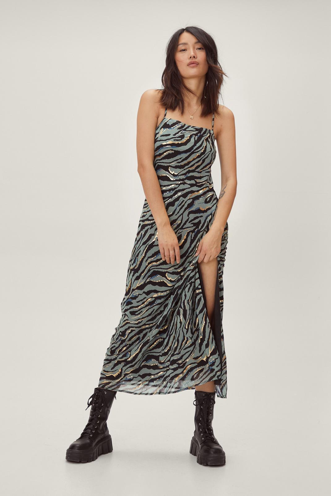 168 Metallic Zebra Print Square Neck Midi Slip Dress image number 1