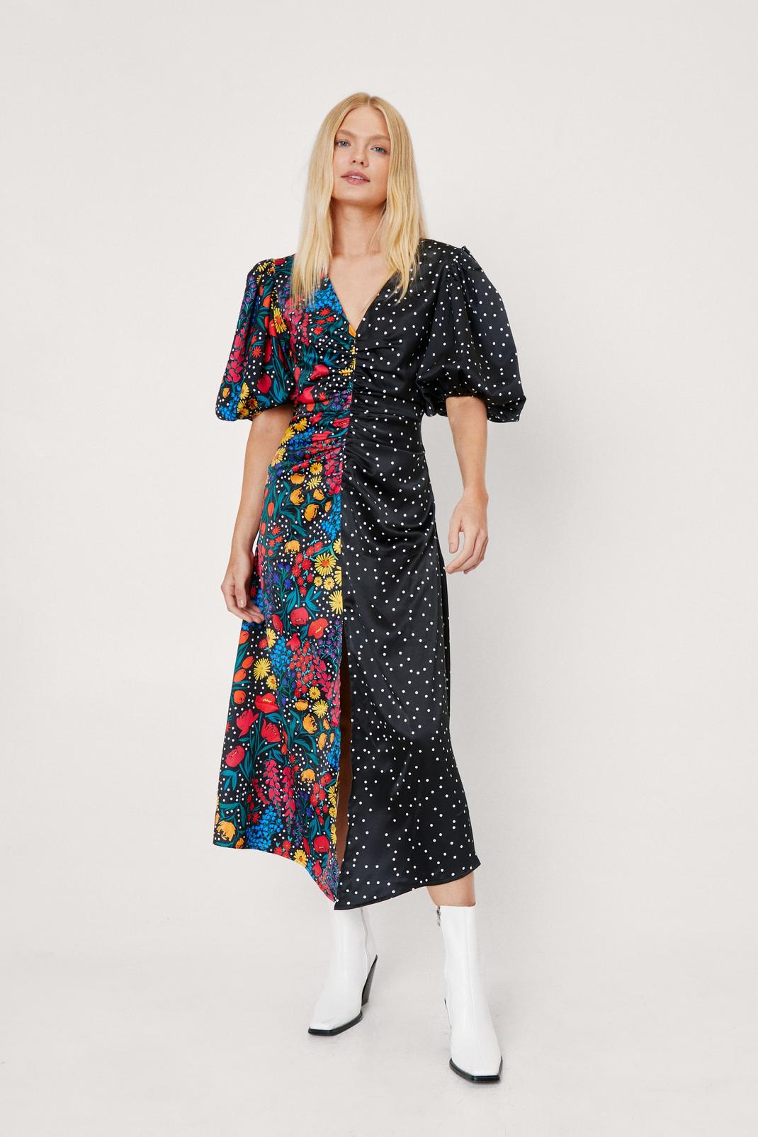 Black Print Mix Floral Puff Sleeve Midi Tea Dress image number 1