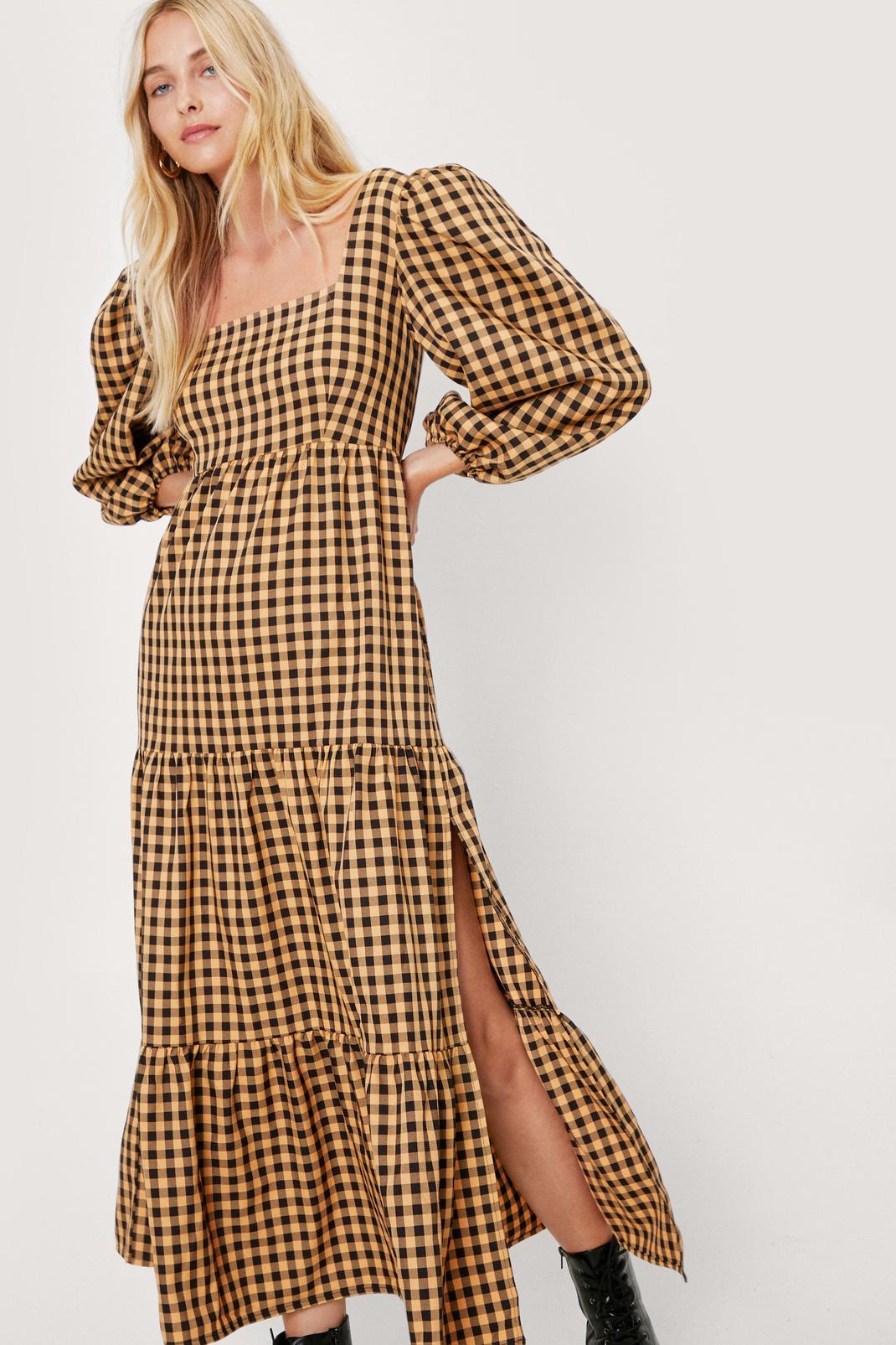 146 Check Square Neck Balloon Sleeve Maxi Dress image number 2