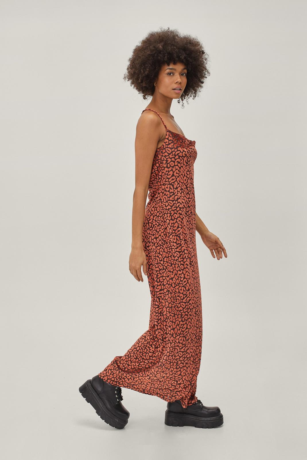 Rust Leopard Print Devore Cowl Neck Maxi Dress image number 1