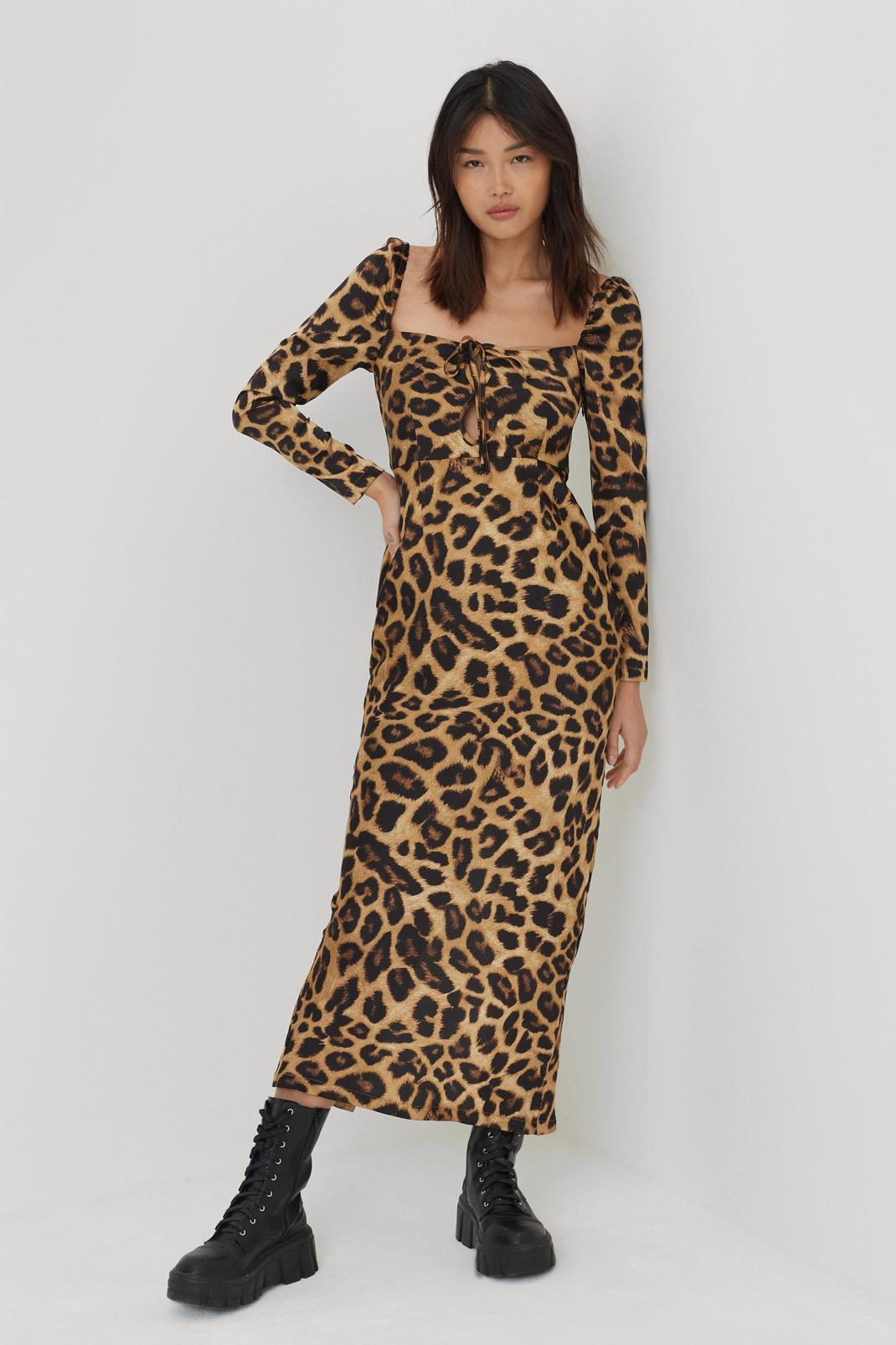 Brown Leopard Print Square Neck Midi Dress image number 1