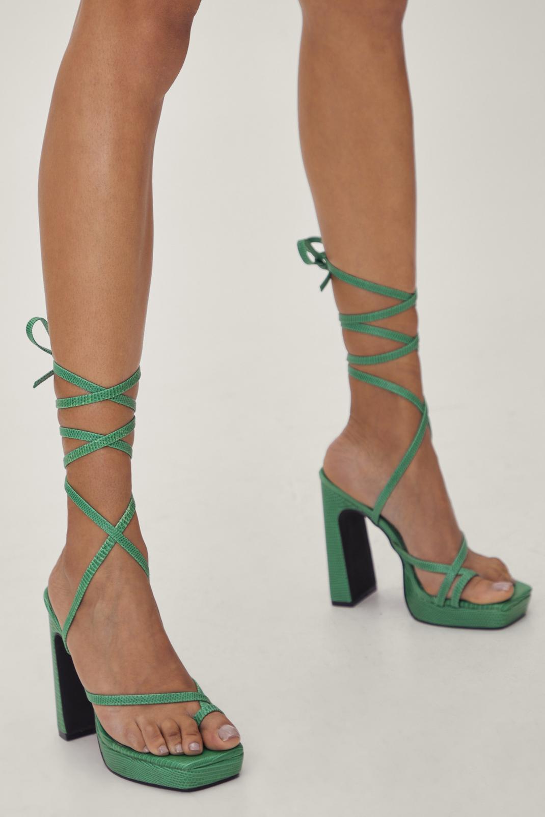 Green Faux Leather Lizard Platform Strappy Heels image number 1