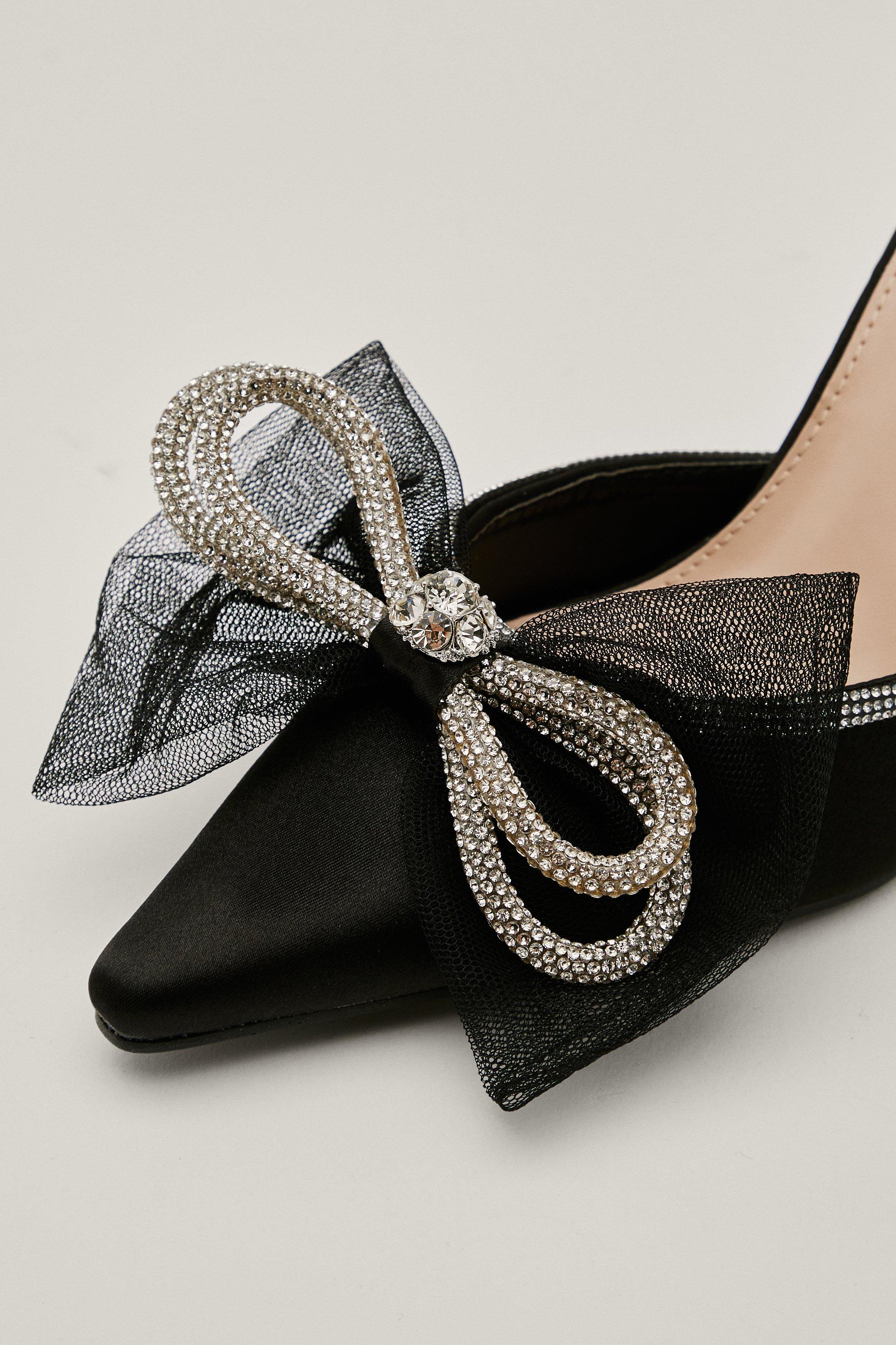 Delina Pointed Toe High Heels With Diamante Bow Strap In