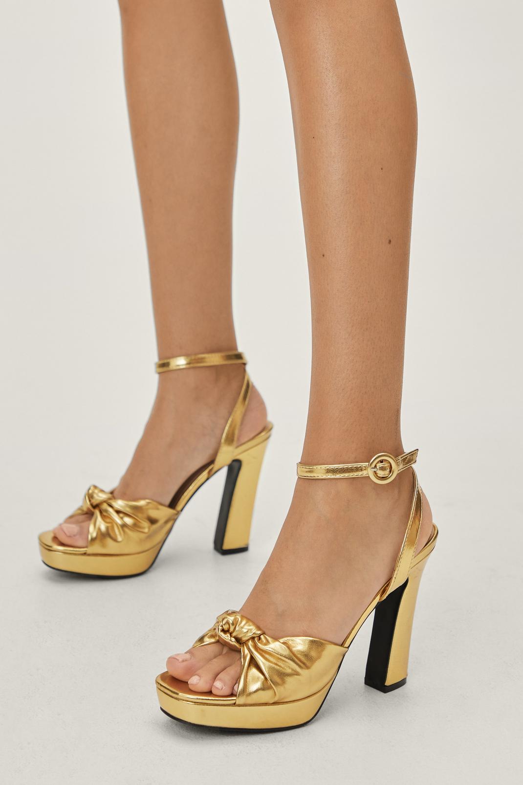 Gold Faux Leather Knot Front Platform Heels image number 1