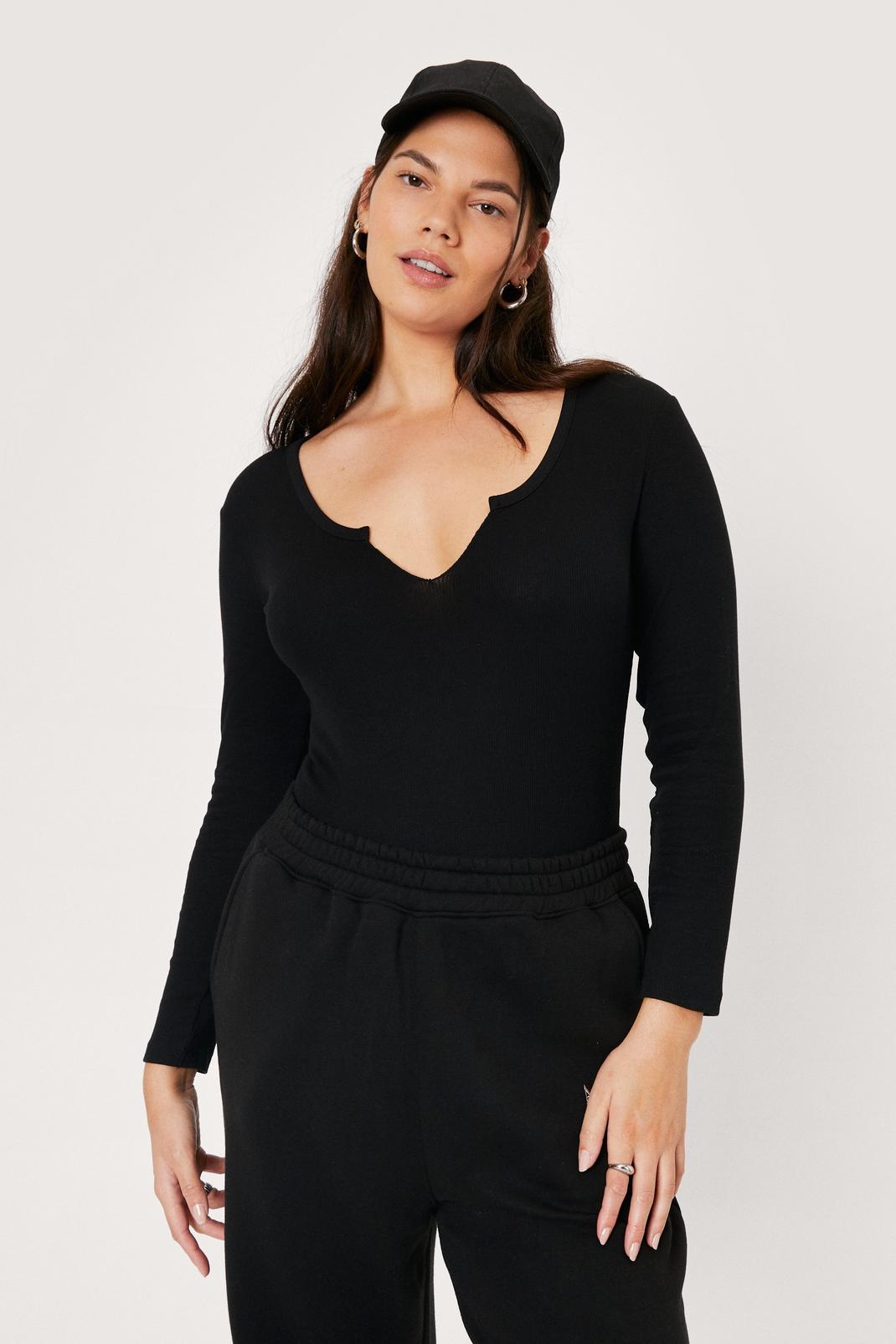 Black Plus Size Notched V Neck Jersey Bodysuit image number 1