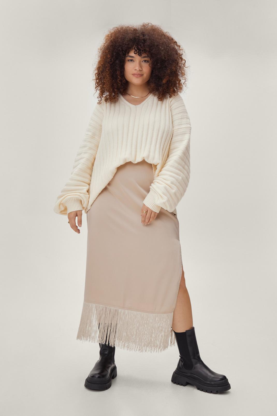 184 Plus Size Satin Fringe Hem Maxi Skirt image number 1