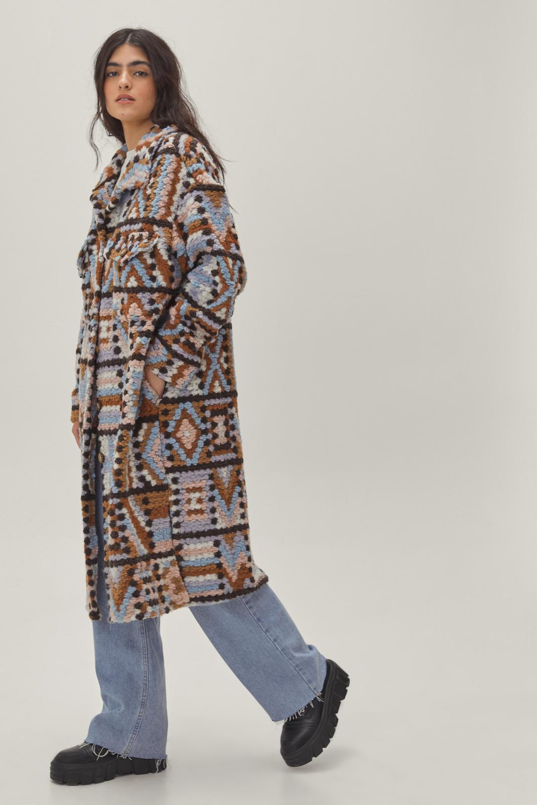 Sky blue Aztec Wool Maxi Long Sleeve Coat image number 1