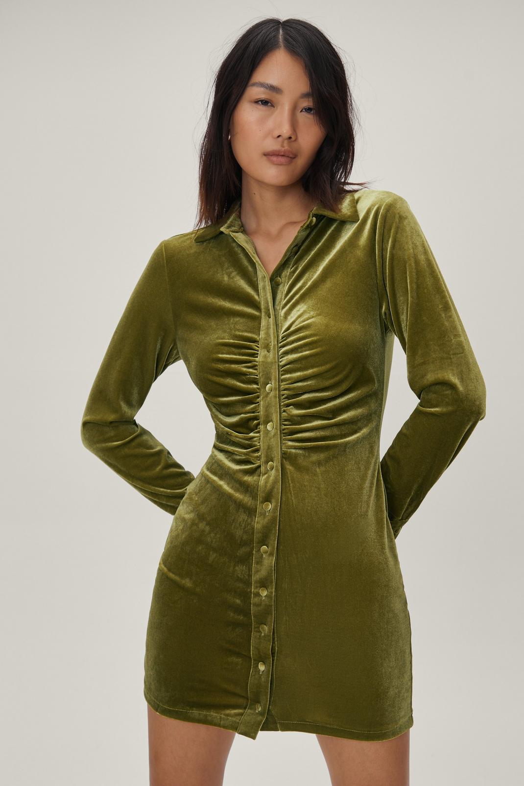 Khaki Velvet Ruched Shirt Dress image number 1