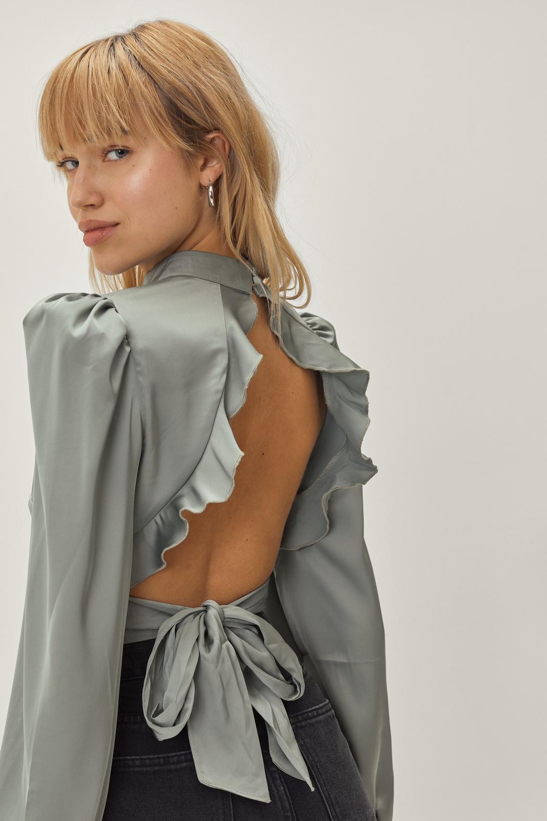 Sage Open Back Satin Blouse With Ruffles image number 1