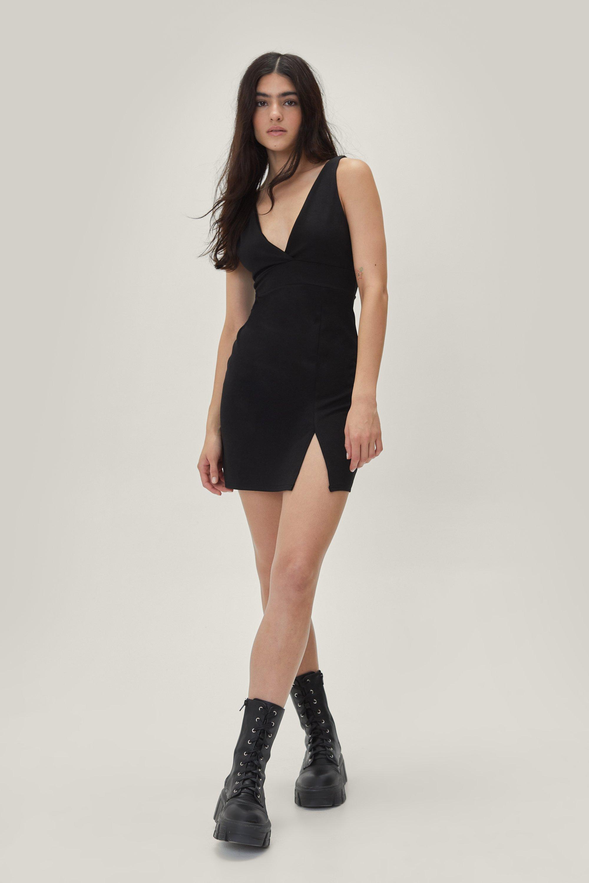 Plunging V Neck Slit Front Jersey Mini Dress