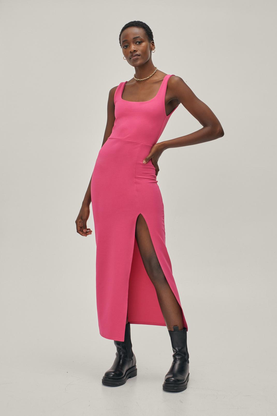 Hot pink Square Neck Split Front Midi Dress image number 1