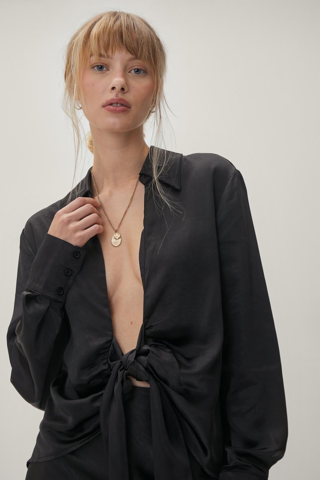 Black Satin Tie Front Plunging Collared Shirt image number 1