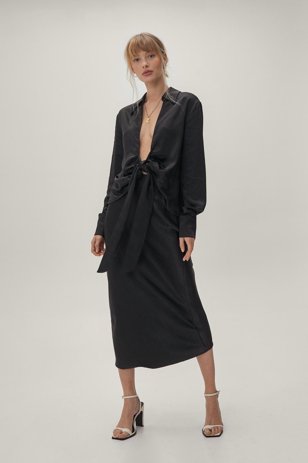 Black Satin Bias Cut High Waisted Midi Skirt image number 1