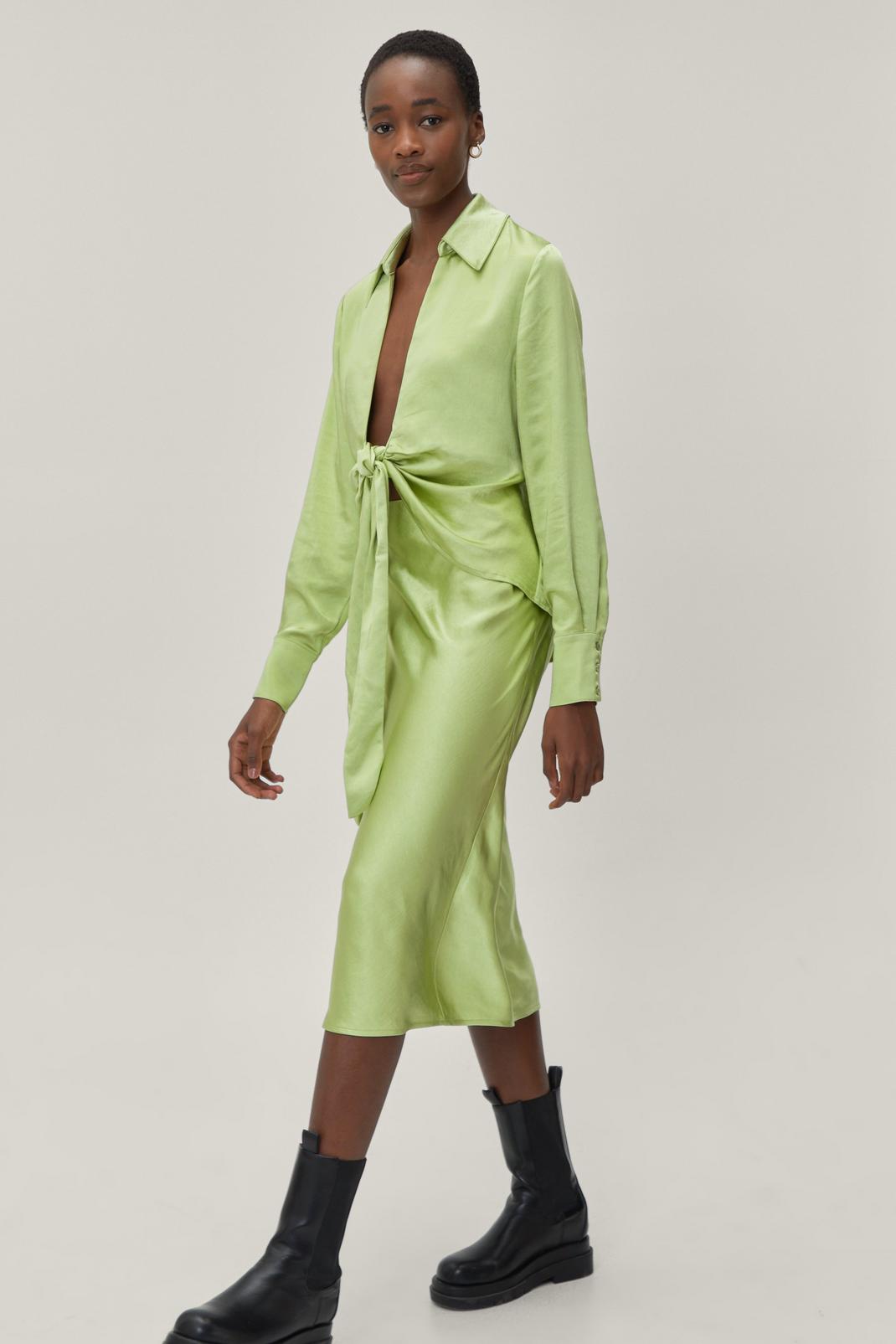 Green Satin Bias Cut High Waisted Midi Skirt image number 1