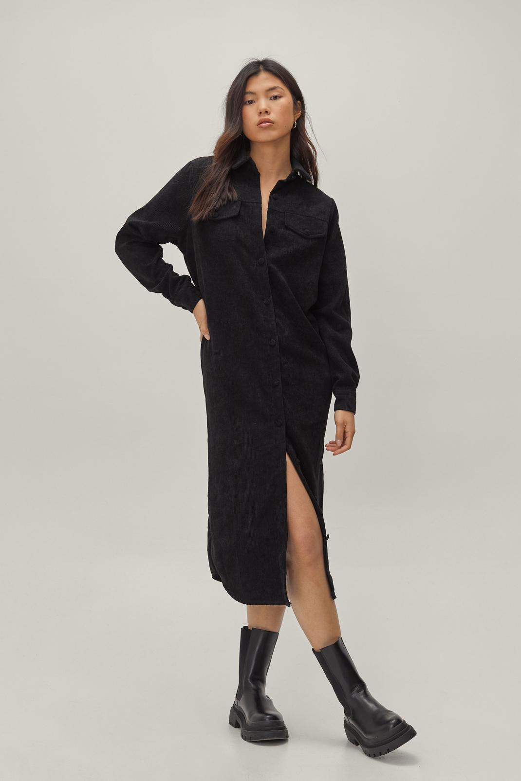Robe mi-longue avec poches en velours côtelé, Black image number 1
