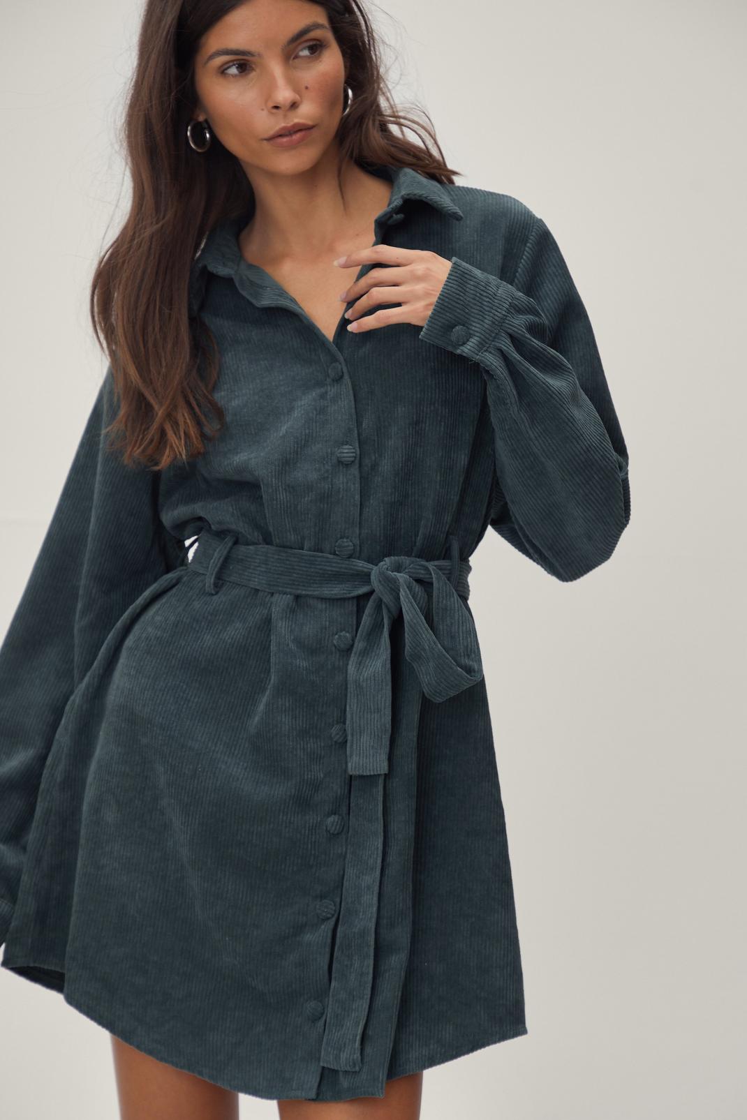 Teal Cord Belted Mini Shirt Dress image number 1