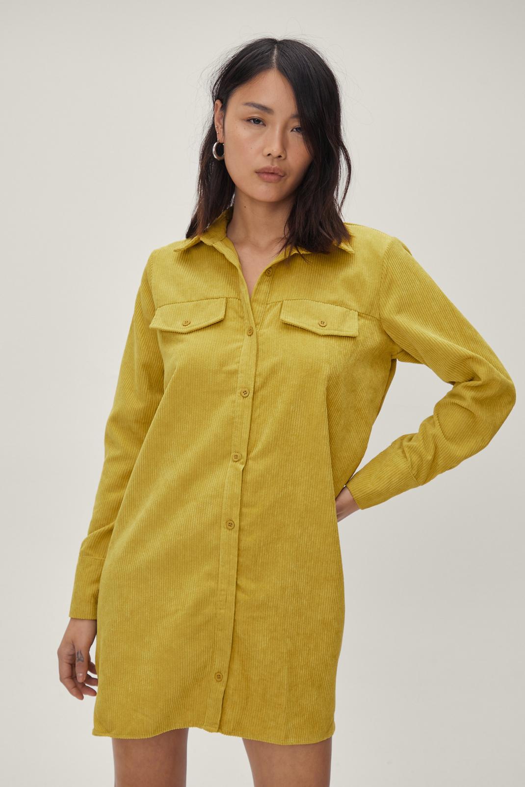 Lime Corduroy Pocket Detail Mini Shirt Dress image number 1