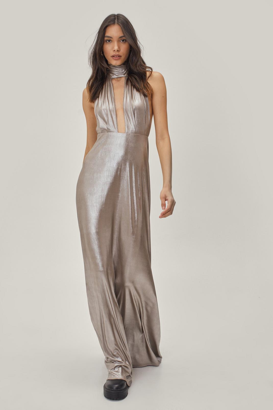 Silver Metallic Halterneck Maxi Dress image number 1