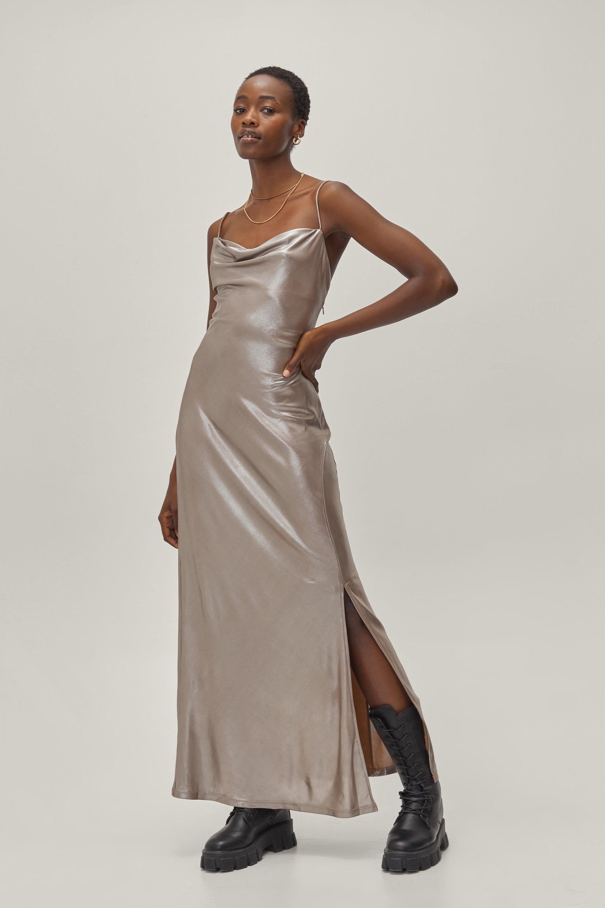 Metallic Cowl Tie Back Maxi Dress