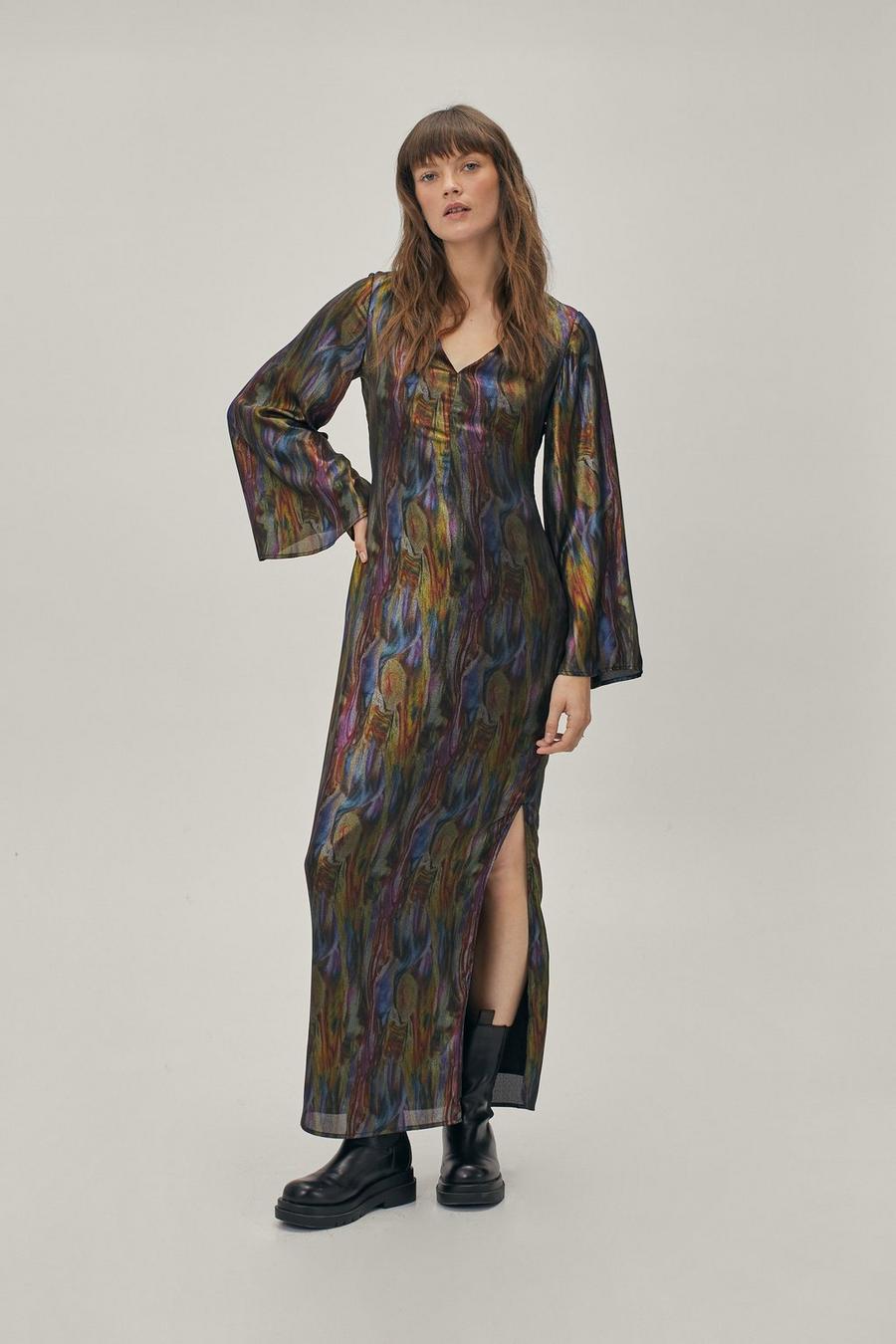 Metallic Abstract Print Kimono Maxi Dress