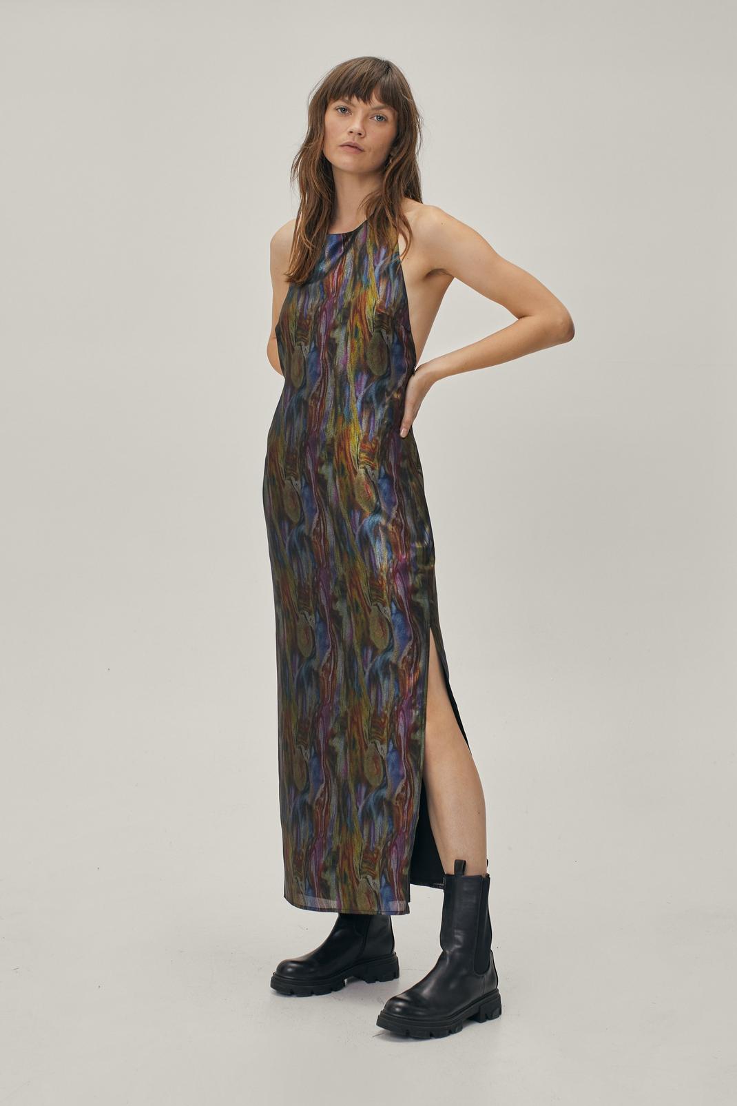 Black Abstract Metallic Halter Neck Backless Maxi Dress image number 1