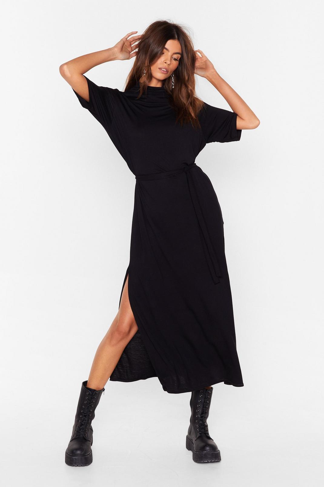 Black Recycled T-Shirt Belted Midi Dress image number 1