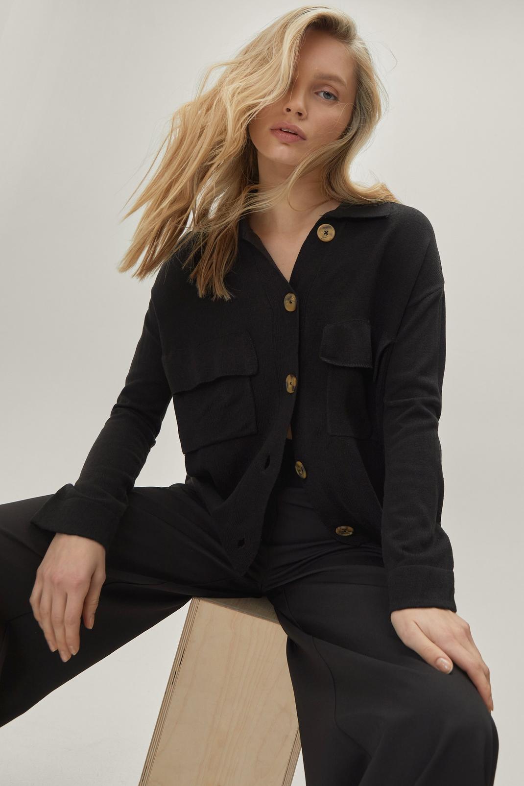 Black Collared Button Down Long Sleeve Cardigan image number 1