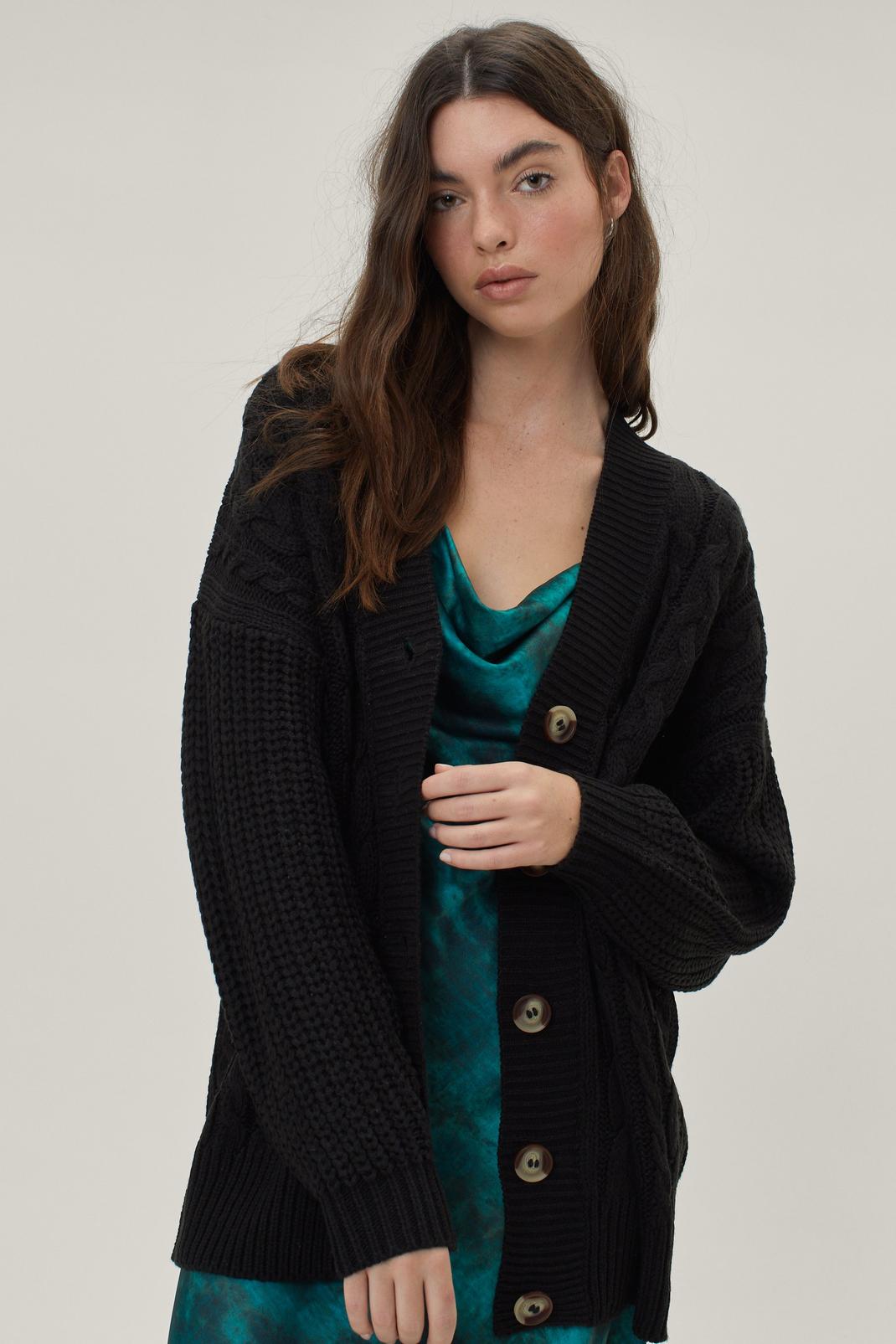 Black Chunky Cable Button Through Cardigan image number 1
