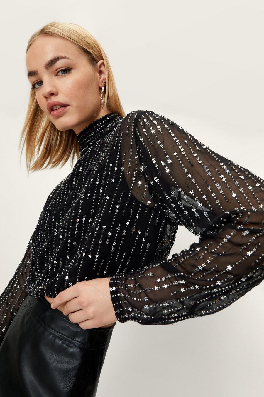 Micro Star Beaded Cropped High Neck Blouse